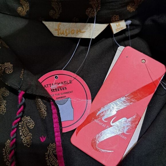 Fusion Printed Cultural Boho Tiered Paisley Midi Dress Olive/Pink Medium NWT - Picture 5 of 14